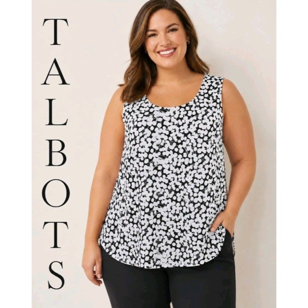 Talbots Womens 2Xp Petite Floral Cottage Black Cream Stretch Sleeveless Tank Top